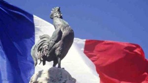 Le coq gaulois devant le drapeau français symboles français